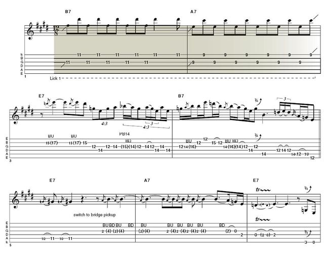 Lick 1: Here we follow the descending intro chords (essentially the four-bar turnaround of the verse) with 6ths. To sound anything like Hendrix, make sure you wobble the third and first strings quite stridently throughout - hold your hand firm and apply vibrato simultaneously to both. If you like, use the whammy bar instead.